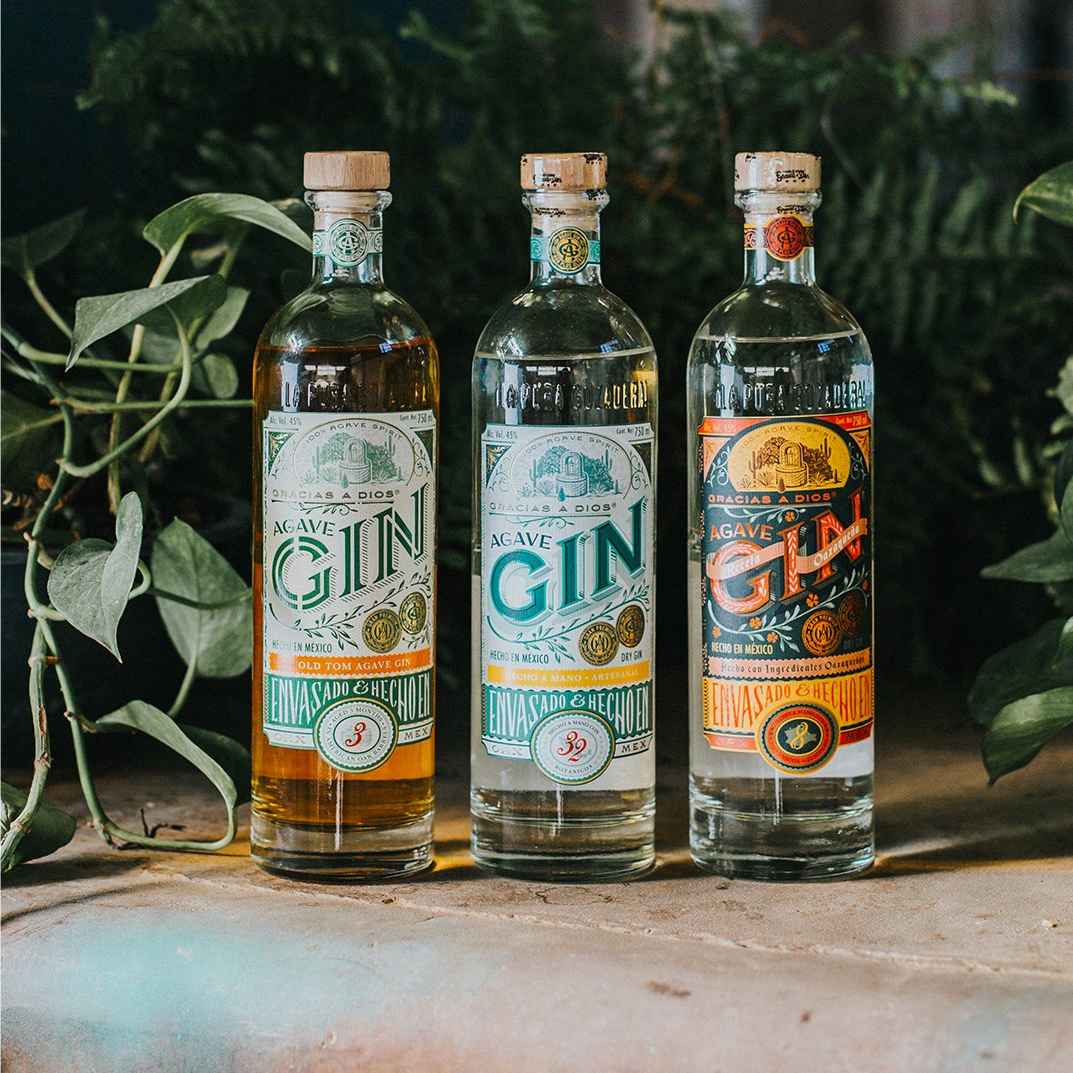 Three bottles of Gracias a Dios Agave Gin. Agave spirits.