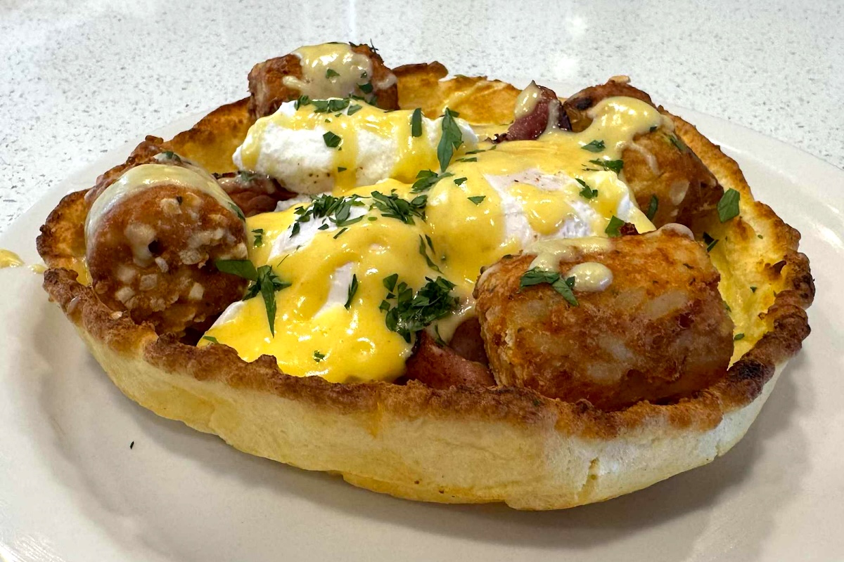 R&D for the Dutch Baby Benedict, debuting at the soon-to-open Biker Jim's Bikers & Bakers. | Photo by Jim Pittenger