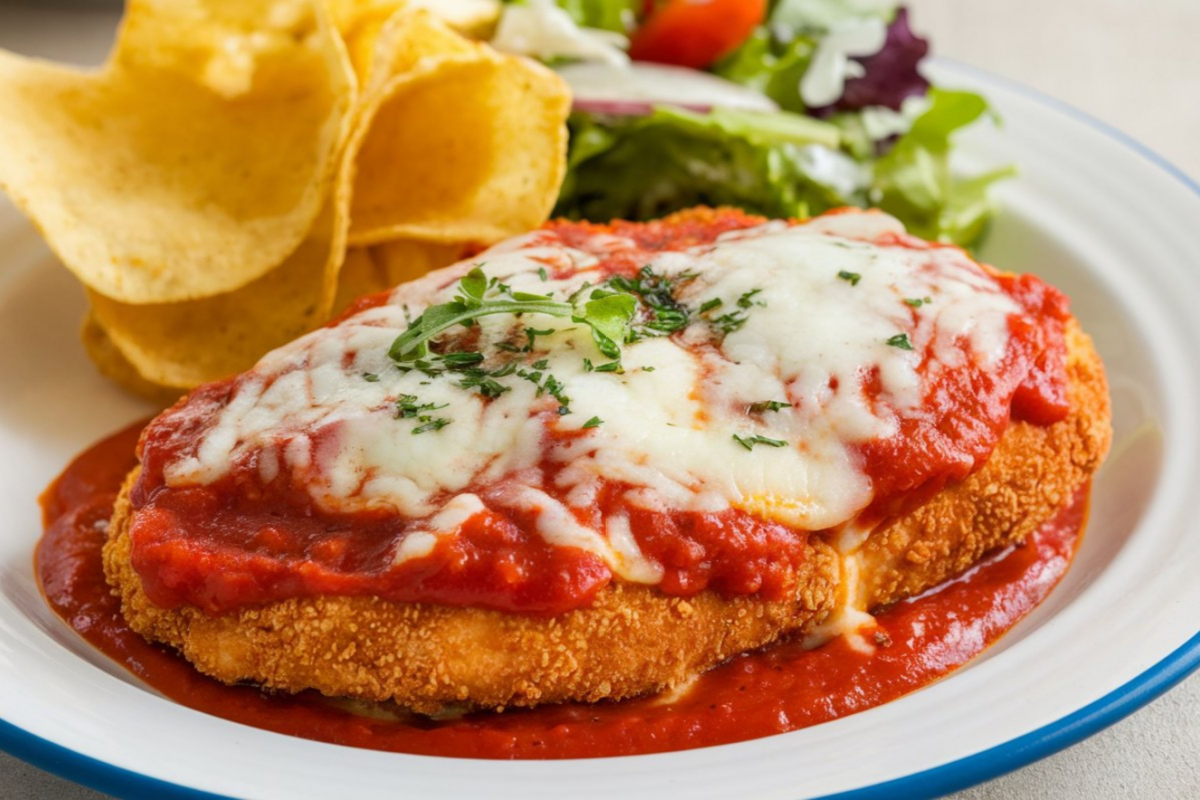 - DiningOut Chicken Parmigiana: A breaded chicken cutlet topped with marinara sauce and melted cheese, typically served with chips or salad.