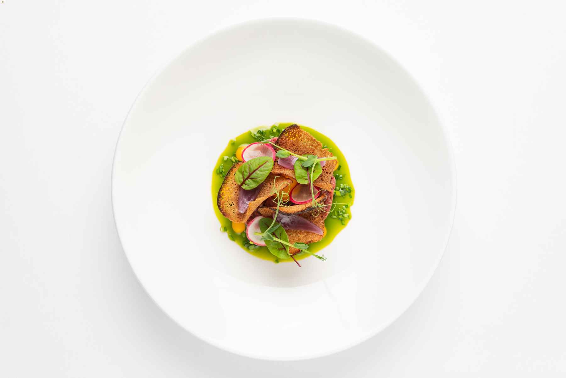 - DiningOut Bright green sauce, vegetables, and croutons garnished with radishes and herb leaves on a round white plate for Restaurant Week.