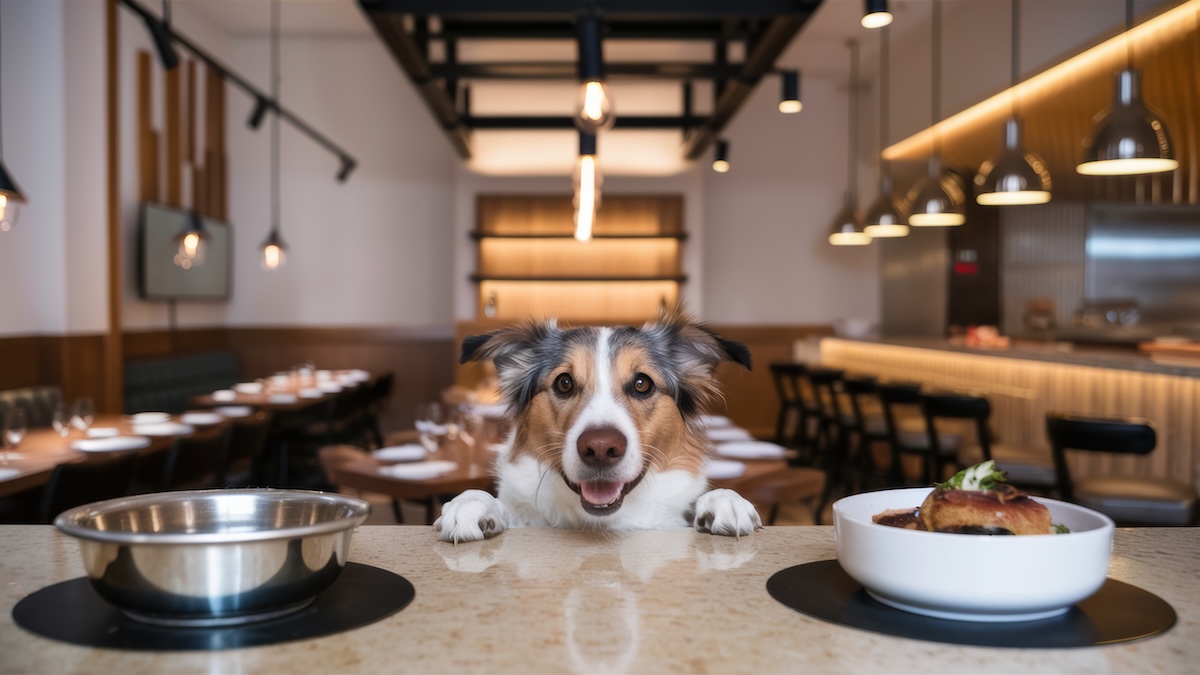 dog looking from counter with food stock