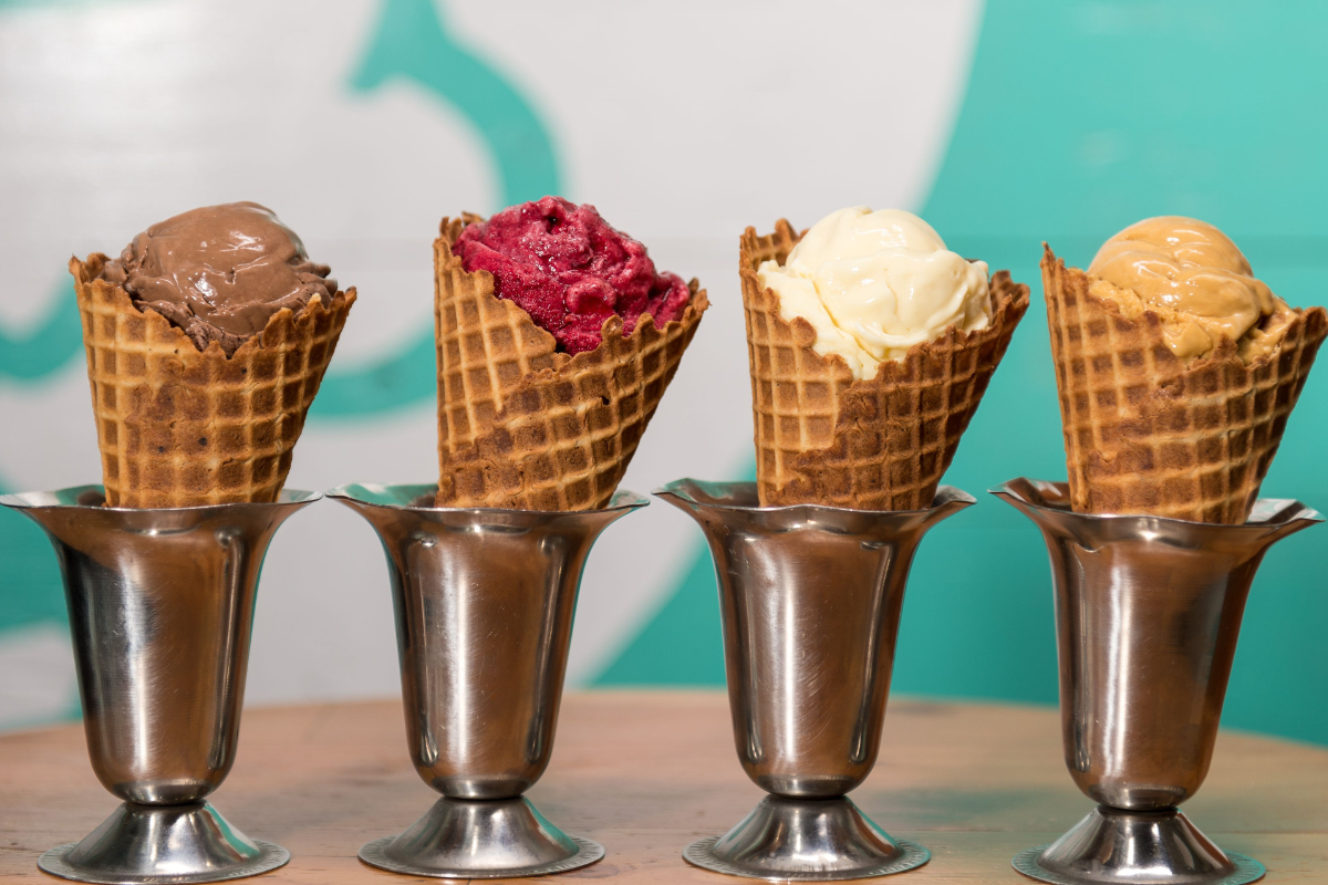 Four waffle cones filled with different colorful Fat Cat Creamery ice cream flavors, displayed upright in metal stands against a light background with teal accents.