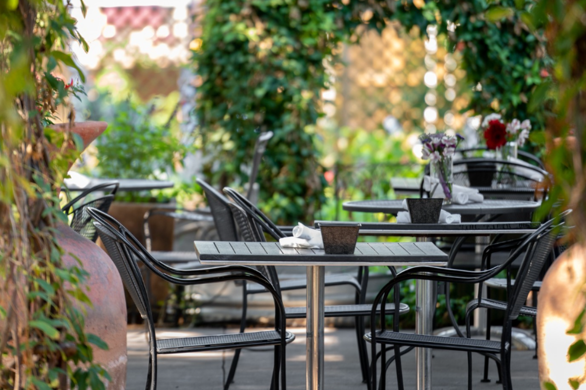 - DiningOut Outdoor patio at Garden Café with black metal chairs, tables set with napkins, potted plants, and lush greenery creating a cozy, garden-like dining space.