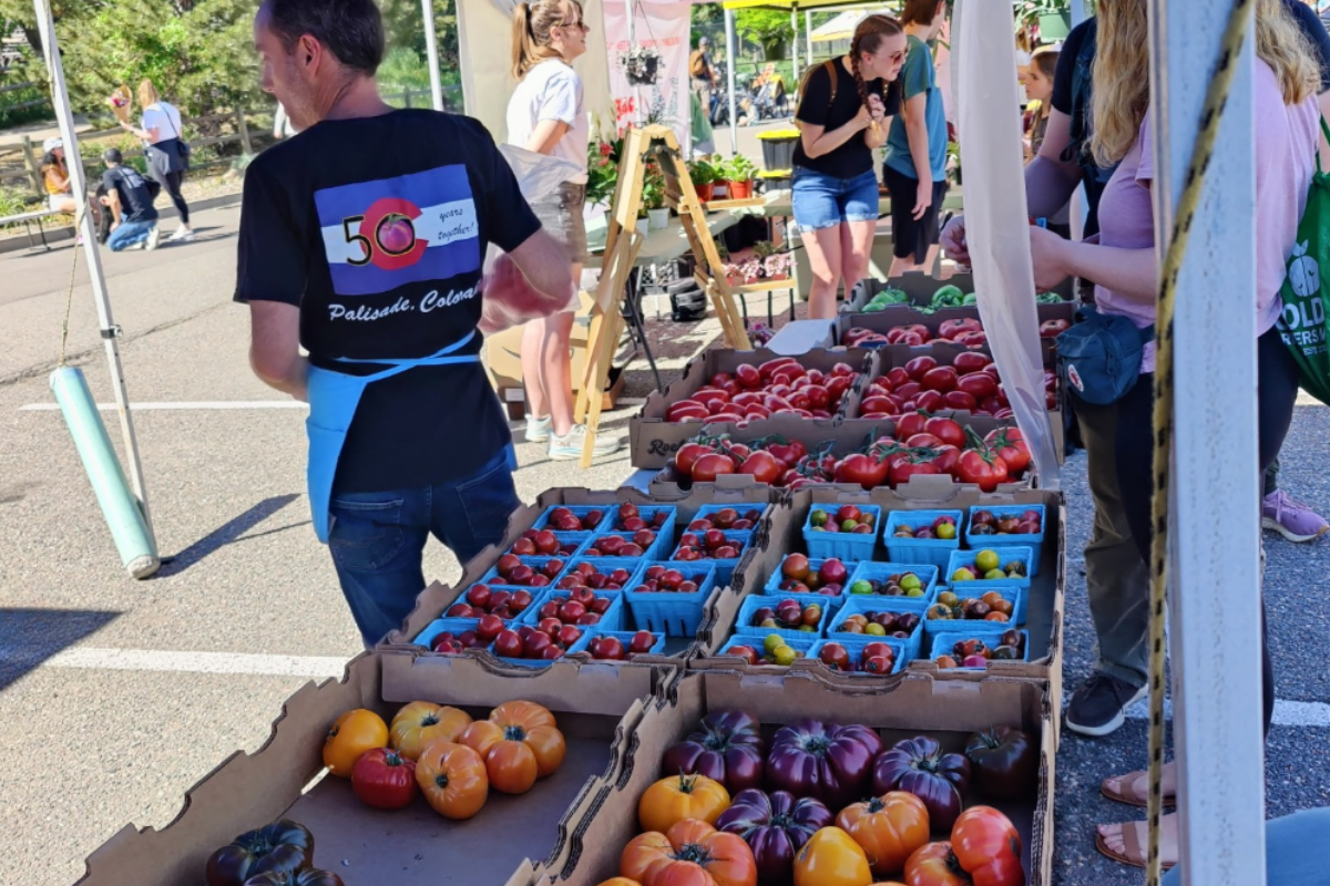 Golden Farmers Market vendor stand featuring a colorful display of heirloom, cherry, and vine tomatoes in baskets and boxes, with shoppers browsing in the background.