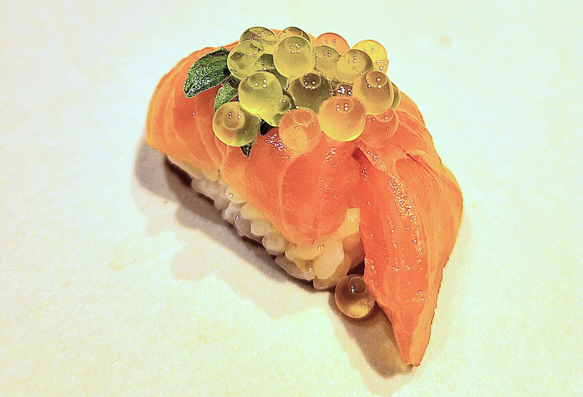 The omakase at Kizaki offers so many perfect bites, like this salmon one. | Photo by Linnea Covington