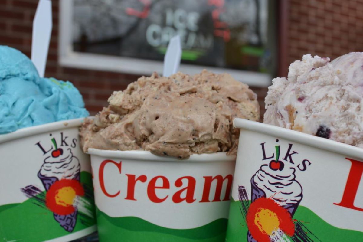 Tips-for-Tipping-What-to-Know-Before-Paying-the-Server- - DiningOut Close-up of three colorful ice cream scoops in Liks ice cream cups, featuring blue, chocolate, and berry flavors, with a shop window blurred in the background.