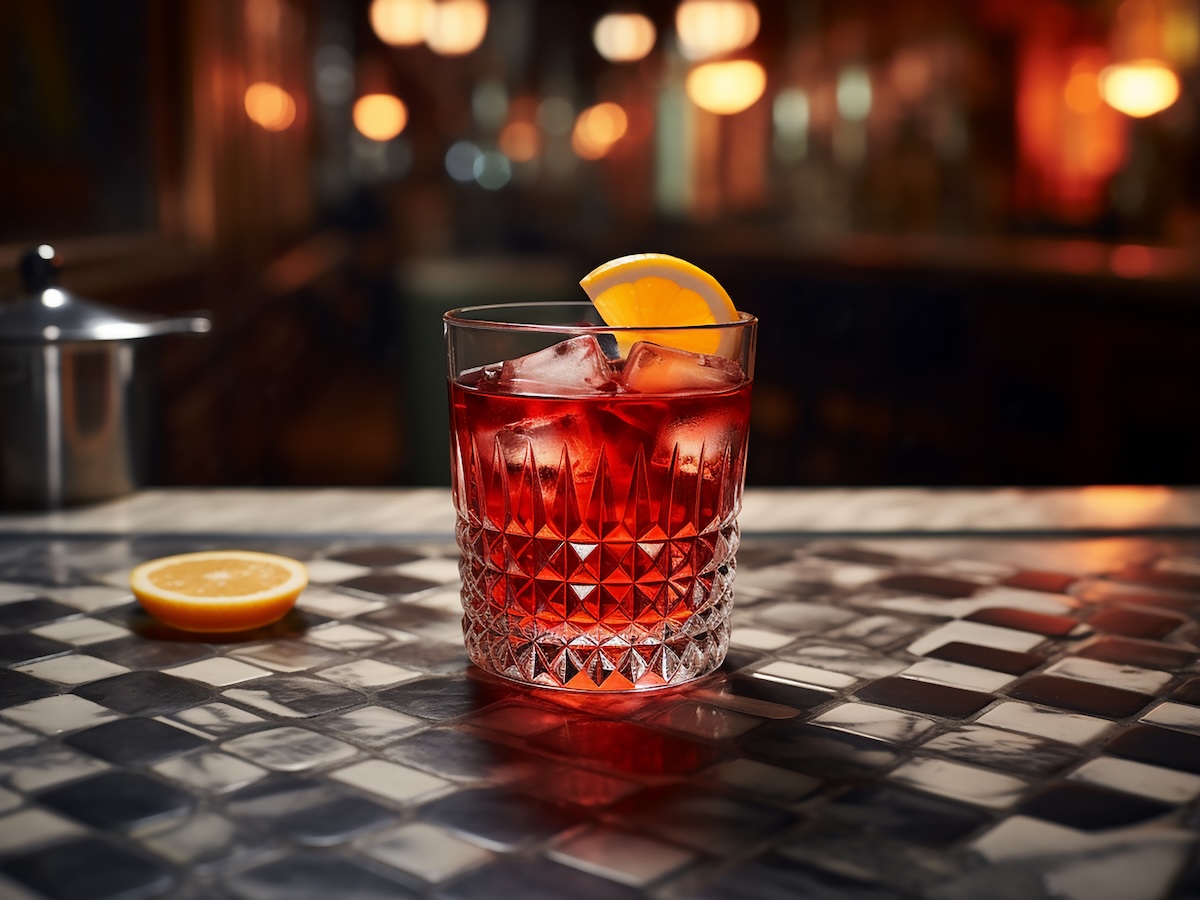 Cocktail with lemon and ice on a bar counter in a nightclub