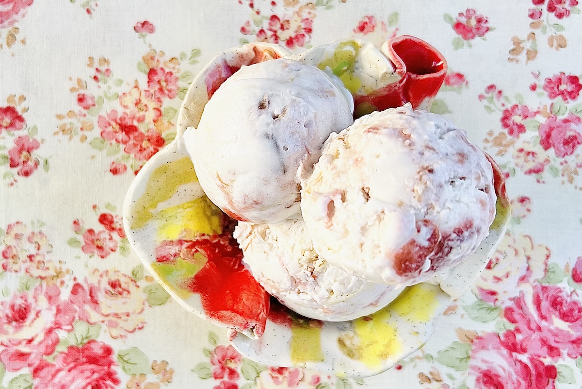 floral table with ice cream in a bowl