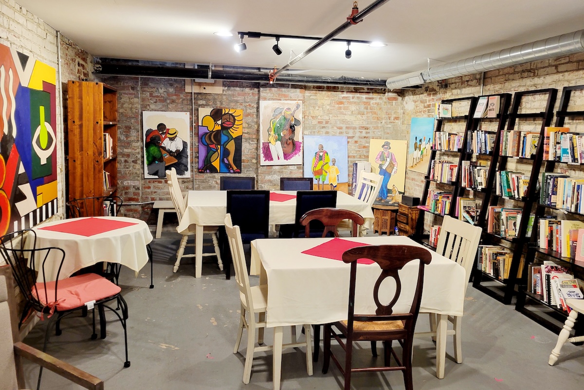 The bookstore and downstairs space fills with conversation and jazz. | Photo by Linnea Covington