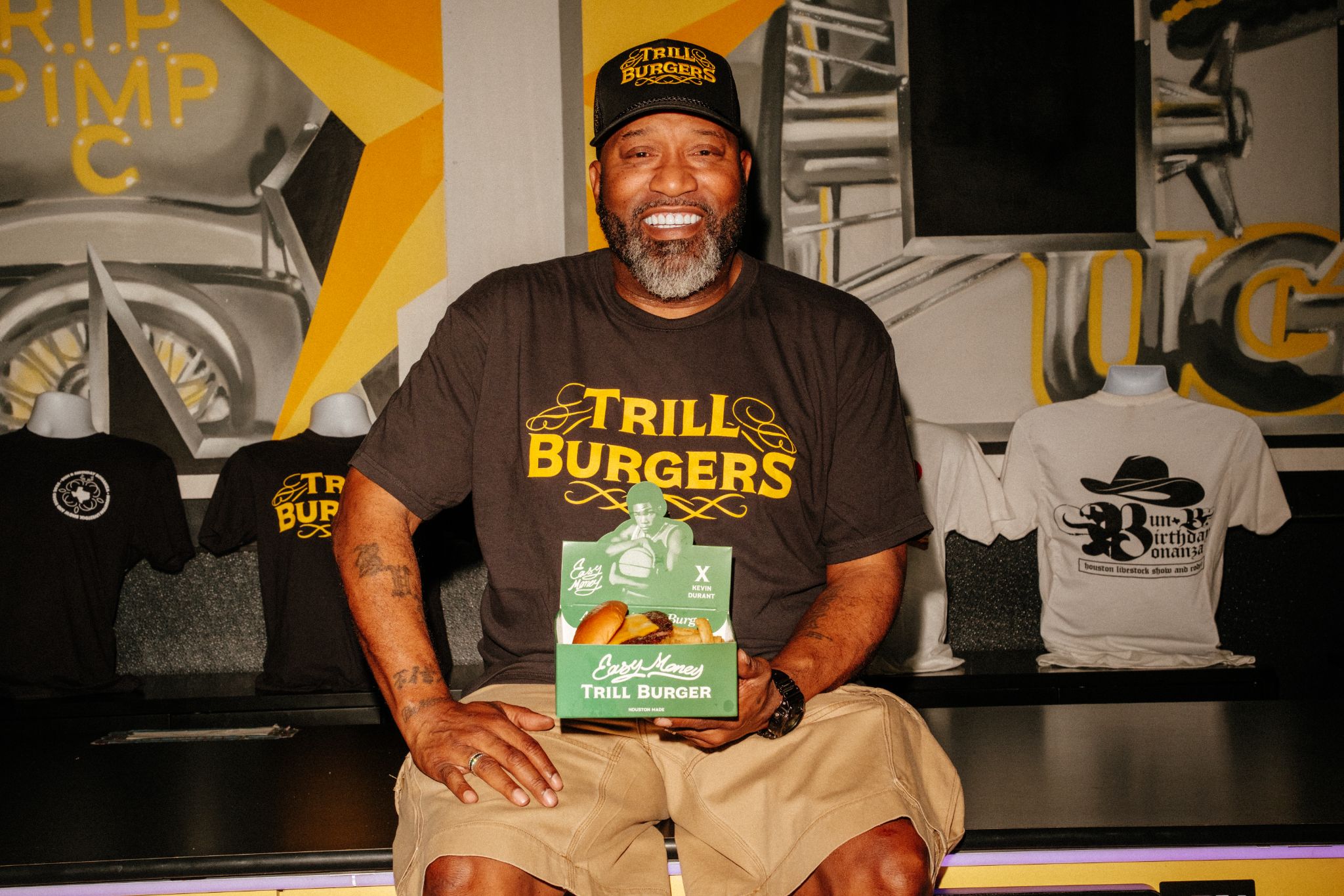 Bun B poses with a custom Trill Burgers box made for Kevin Durant back in August. | Photo by Quit Nguyen 