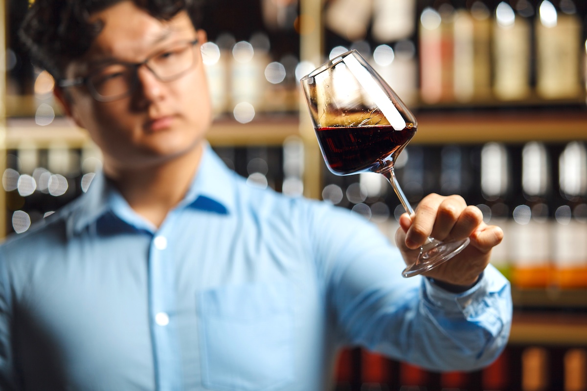 Asian Sommelier Carefully Evaluating Red Wine In Well-Stocked Cellar stock image denver