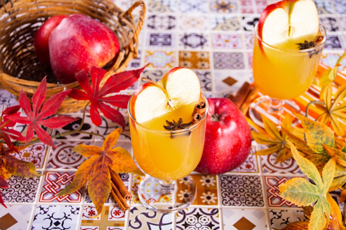 Apple Cider or cocktail with cinnamon, star anise and apple slices. Autumn drink