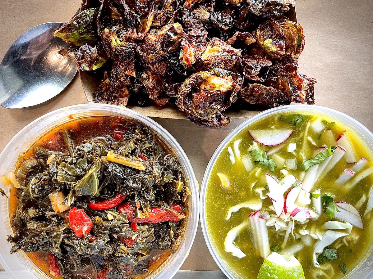 Feges BBQ excels at side dishes, which include Korean braised greens, sweet and spicy sprouts, and smoked chicken posole verde. | Photo by Greg Morago