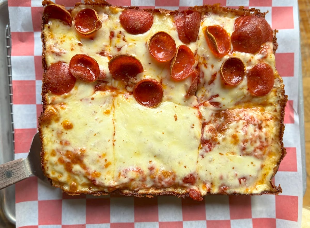 Half cheese, half pepperoni Detroit-style pizza at Crusher's Pizza & Wings. | Photo by Crusher's Pizza & Wings