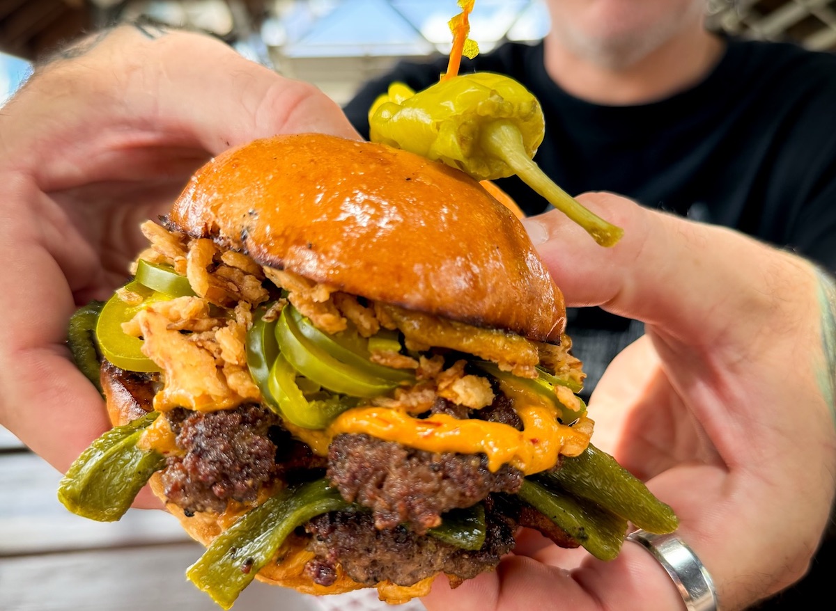 The Grim Creeper double beef patty burger at Moon Tower Inn. | Photo by Moon Tower Inn