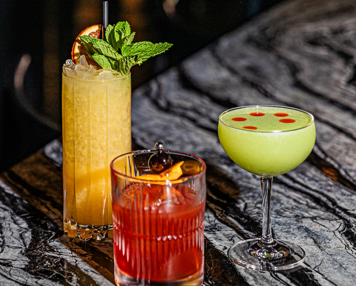 The Okinawa Swizzle, Shiso Side, and Sunamono Sour mocktails at Katami. | Photo by Zachary Horst