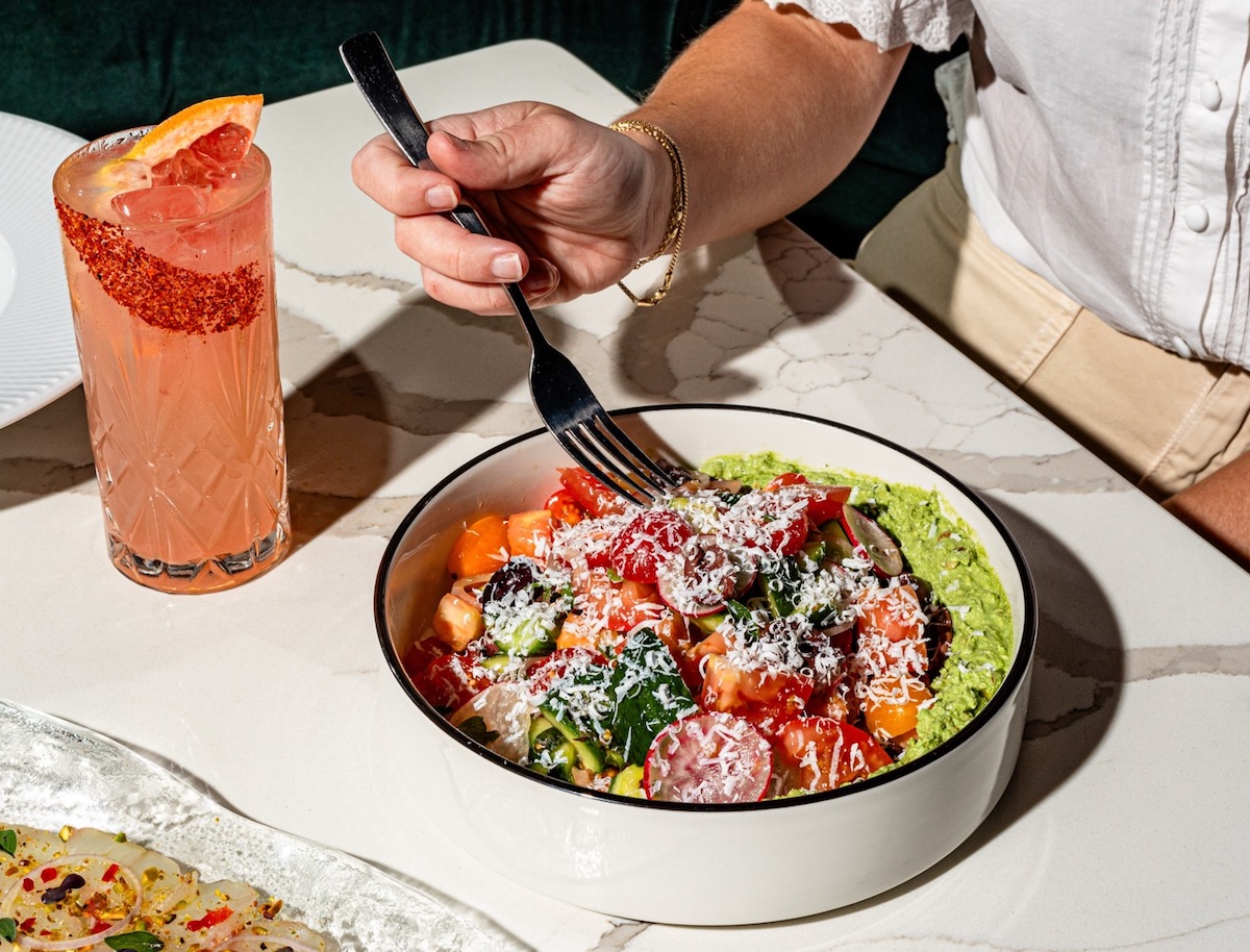 Greek salad, served on a bed of pistachio-whipped feta at Októ. | Photo by Októ
