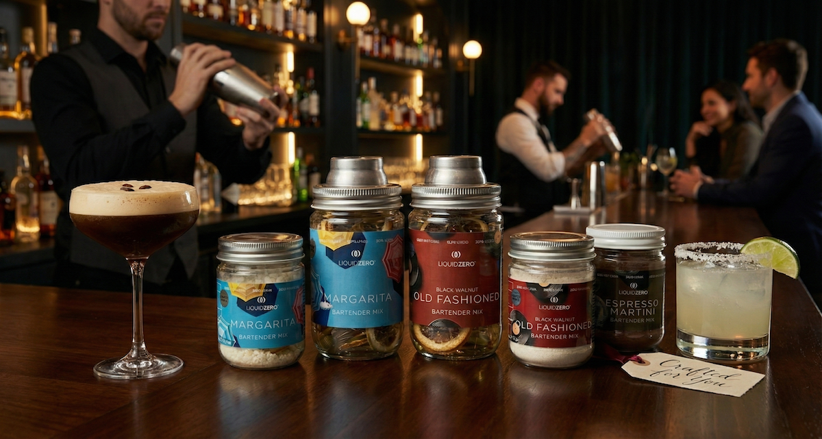 Liquid Zero products alongside finished cocktails. | Photo by Liquid Zero