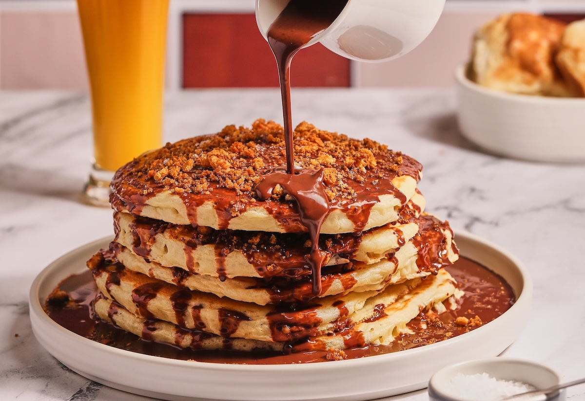 Head to Snooze to score a free pancake like this chocolate ganache one. | Photo courtesy of Snooze