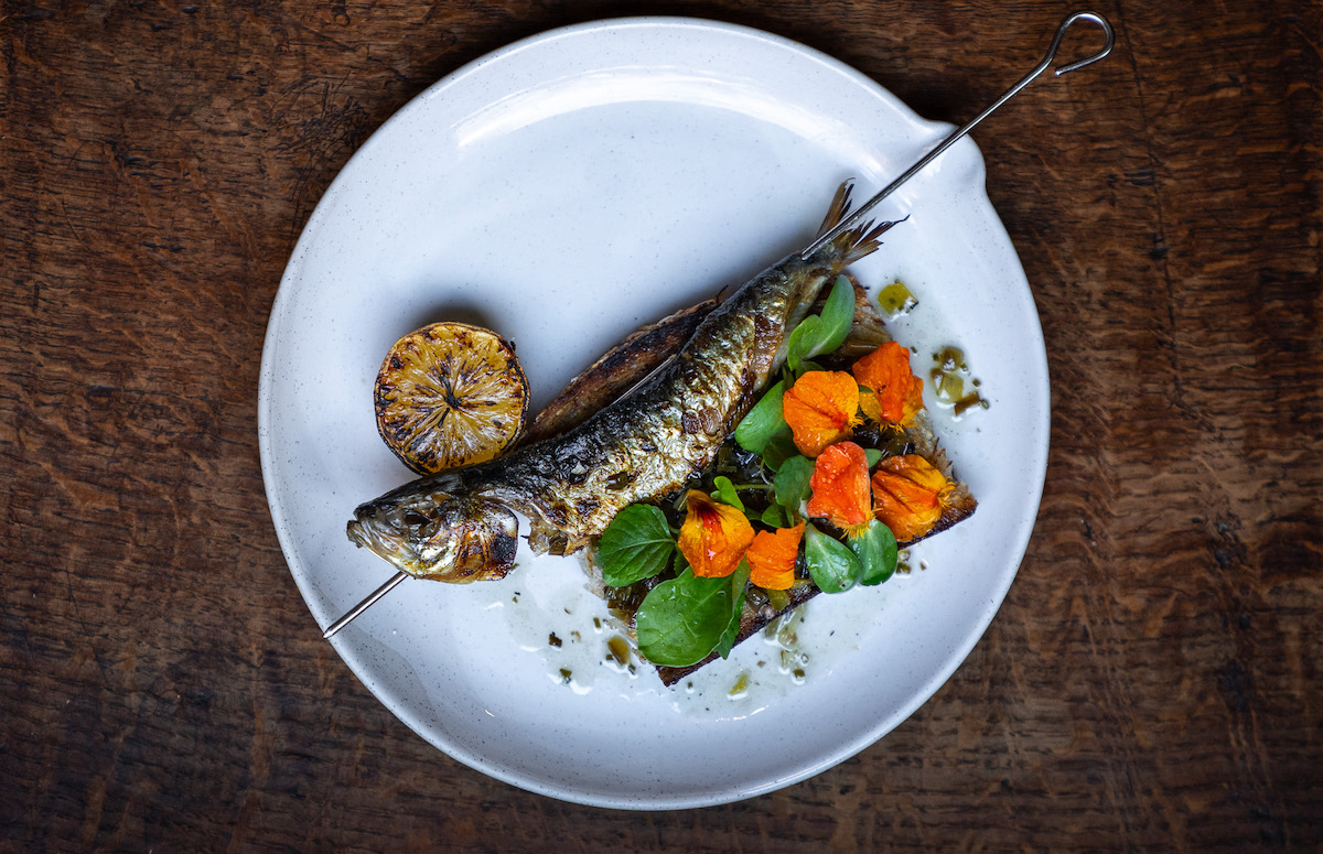 Hokkaido sardine skewer at Fawn. | Photo by Morgan Wagoner Campisi