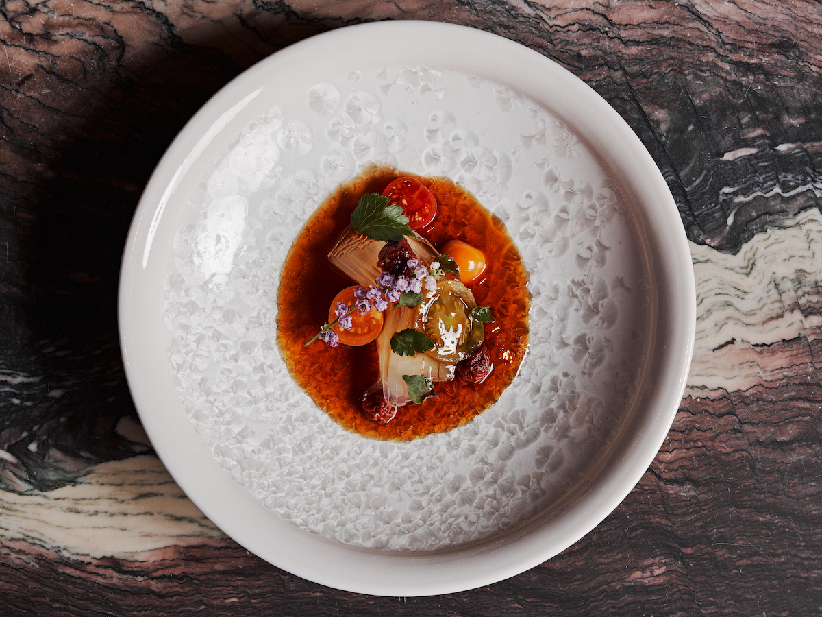 Tokoroten with sanbaizu, tomato, mitsuba and gooseberry at Mujō. | Photo by Andrew Thomas Lee 