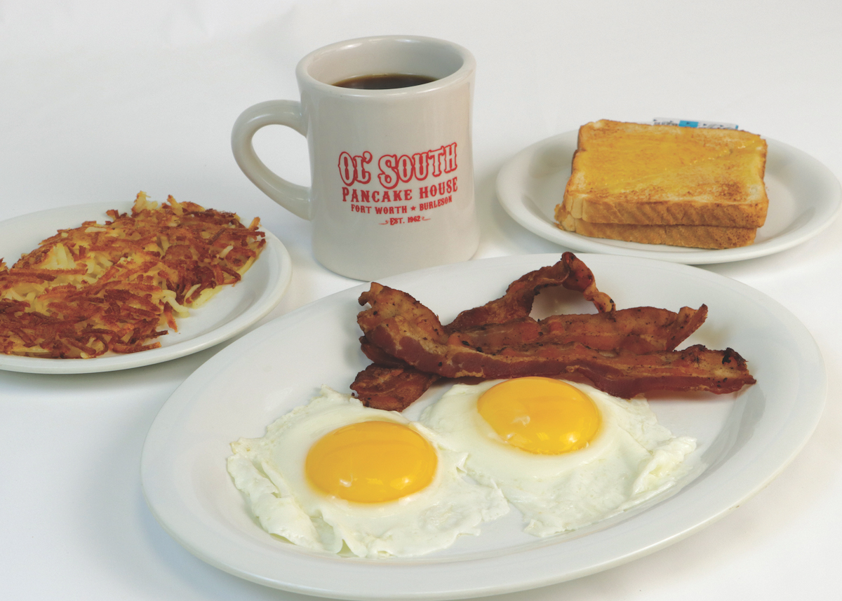 Eggs, bacon, hashbrowns and toast with coffee at Ol’ South Pancake House