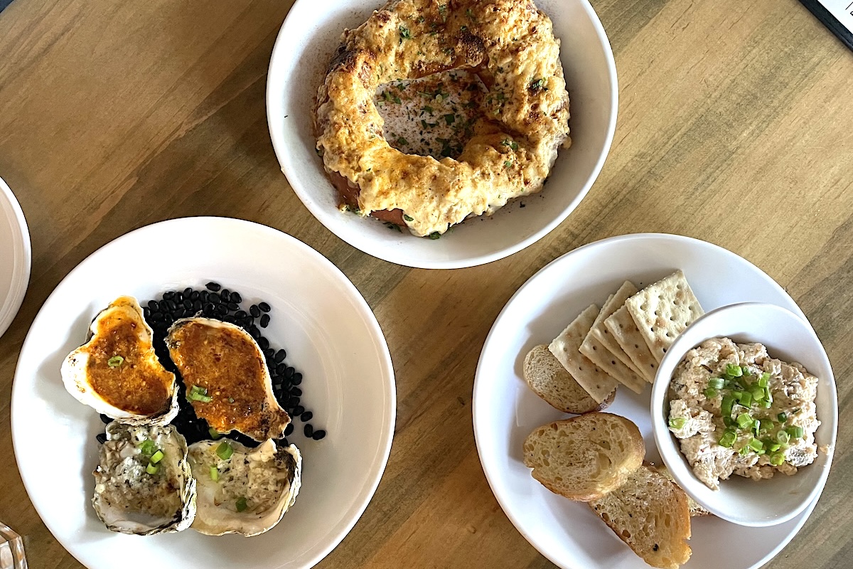 Revival_crab_pretzel_Hatch_chile_pimento_dip_oysters_by_Ruth_Tobias - DiningOut The Crab Pretzel with Hatch chile pimento dip and oysters at Revival. | Photo by Ruth Tobias