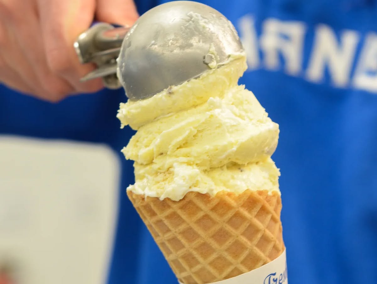 Handels - DiningOut Scoops of banana cream pie ice cream in a waffle cone at Handel’s Homemade Ice Cream. | Photo by Handel’s Homemade Ice Cream