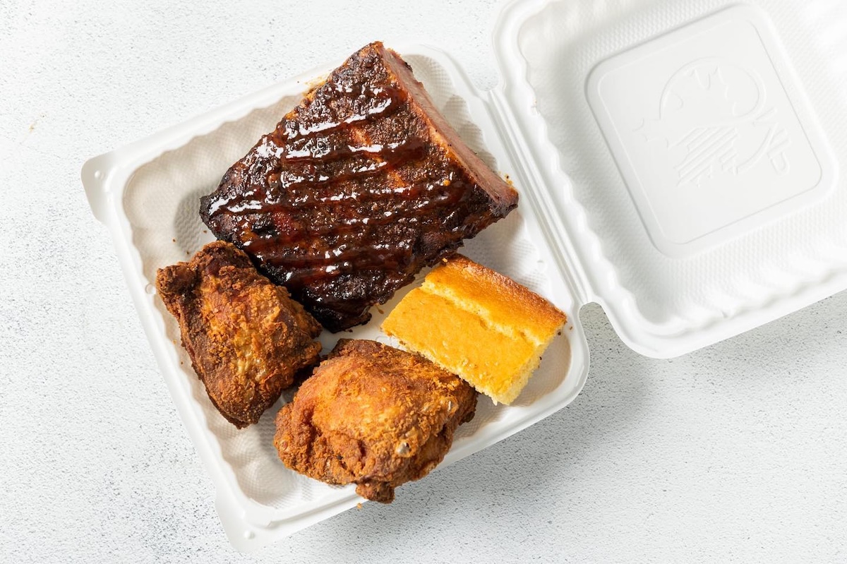 Rib and fried chicken combo with a side of cornbread. | Photo courtesy of Charles Pan-Fried Chicken