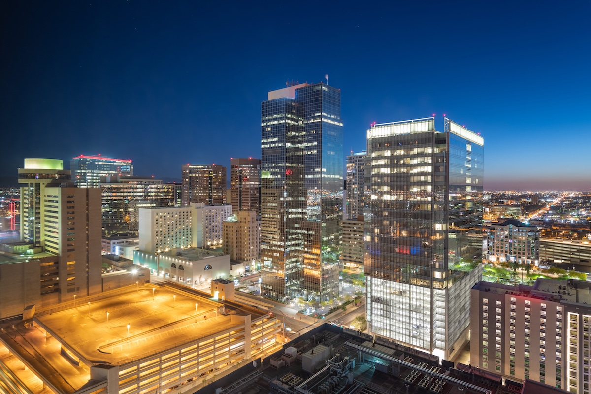 Phoenix, Arizona, USA cityscape in downtown at night.