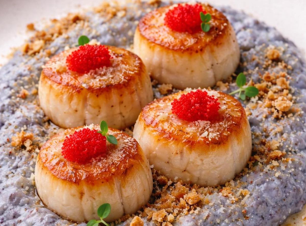 Seared U10 scallops atop a bed of Sea Island blue grits with Tobiko and brown butter crumbs at Vanzant's Steak, Seafood & Bar. | Photo by Vanzant's Steak, Seafood & Bar