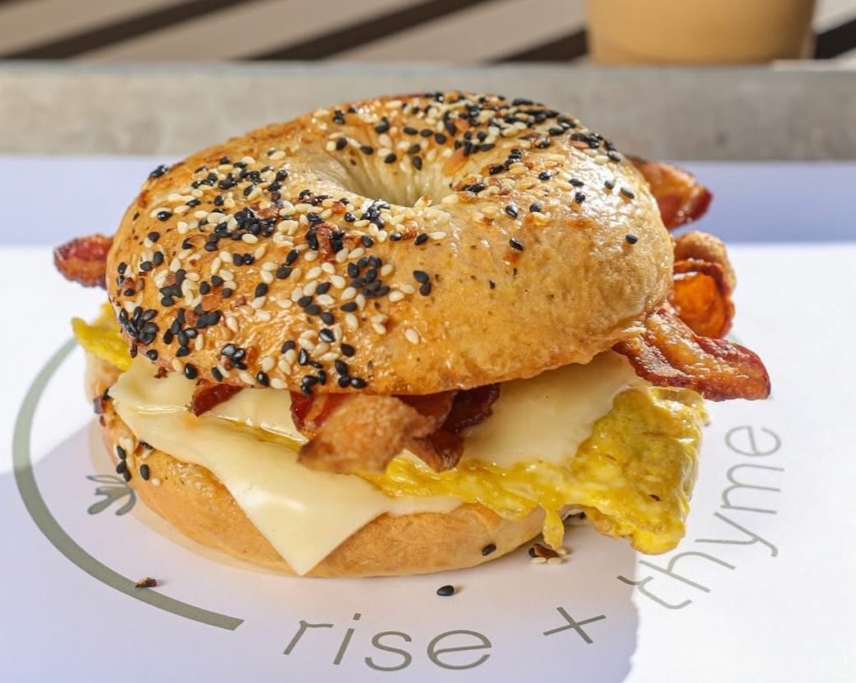 A bagel breakfast sandwich from Rise & Thme at Victory Social Eatery. | Photo by Victory Social Eatery