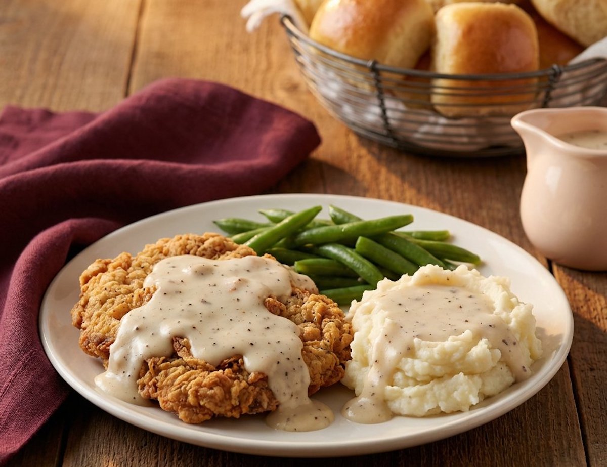 Chicken fried steak with mashed potatoes and green beans, a cherished meal at Black-eyed Pea. | Photo by Black-eyed Pea
