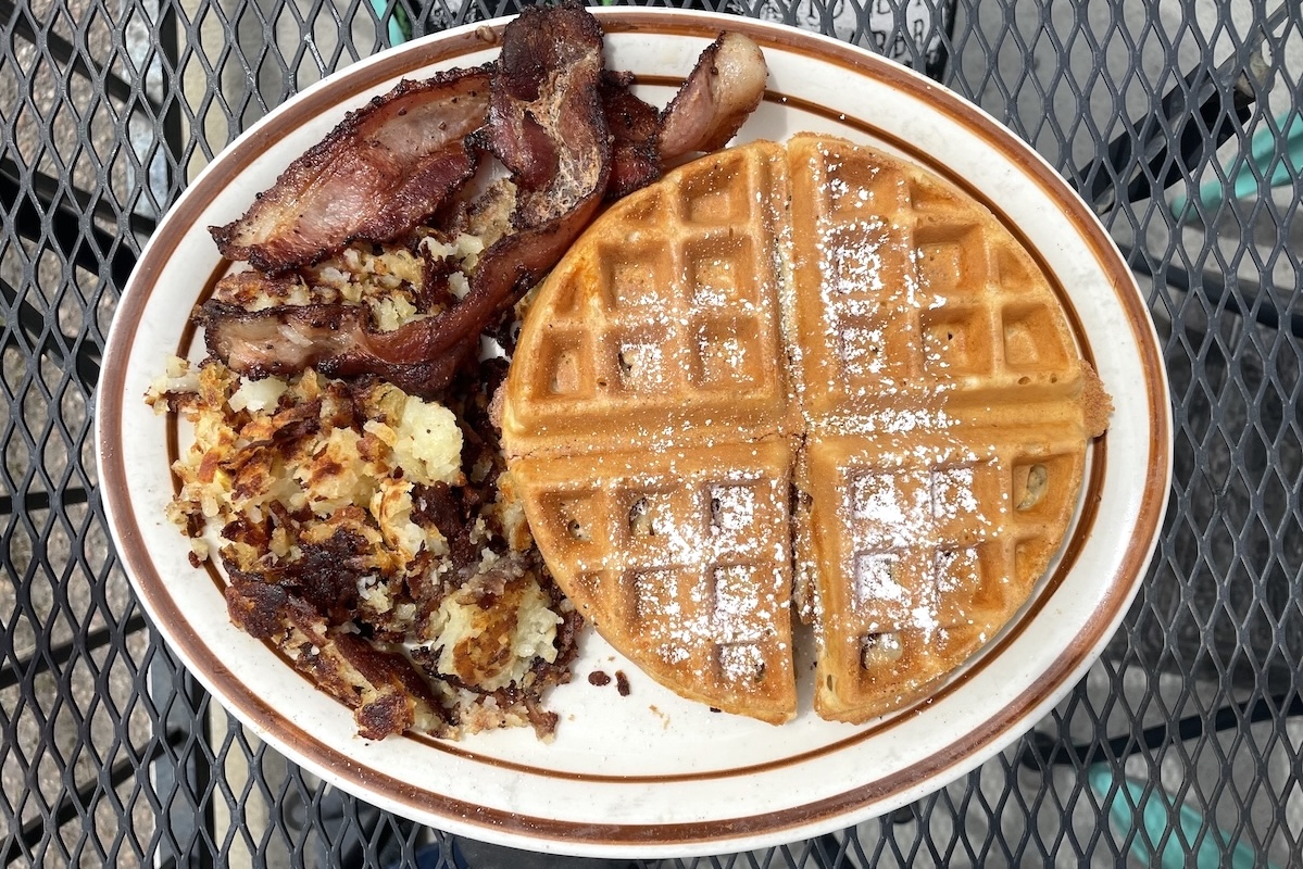Waffles and bacon are a must order at Davies Chuck Wagon, a classic diner. | Photo by Ruth Tobias