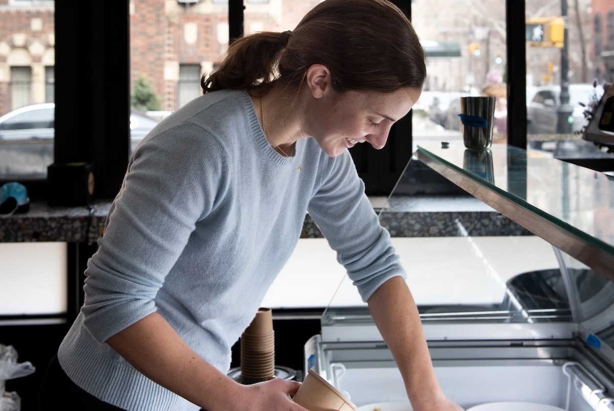 Chef Hallie Meyer scooping ice cream at Caffè Panna. | Photo by Liz Clayman