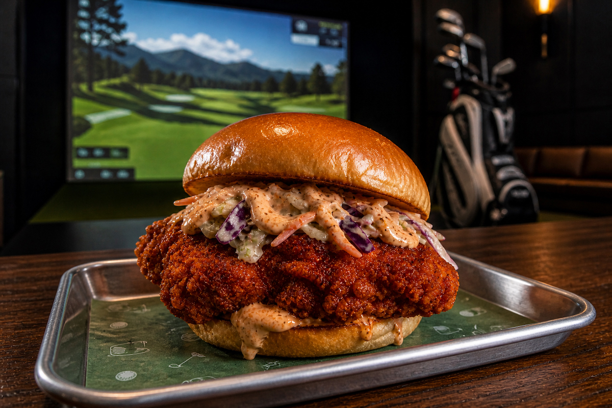 Crispy fried chicken sandwich with creamy slaw on a brioche bun served on a metal tray in a restaurant, with a golf game on a screen in the background.