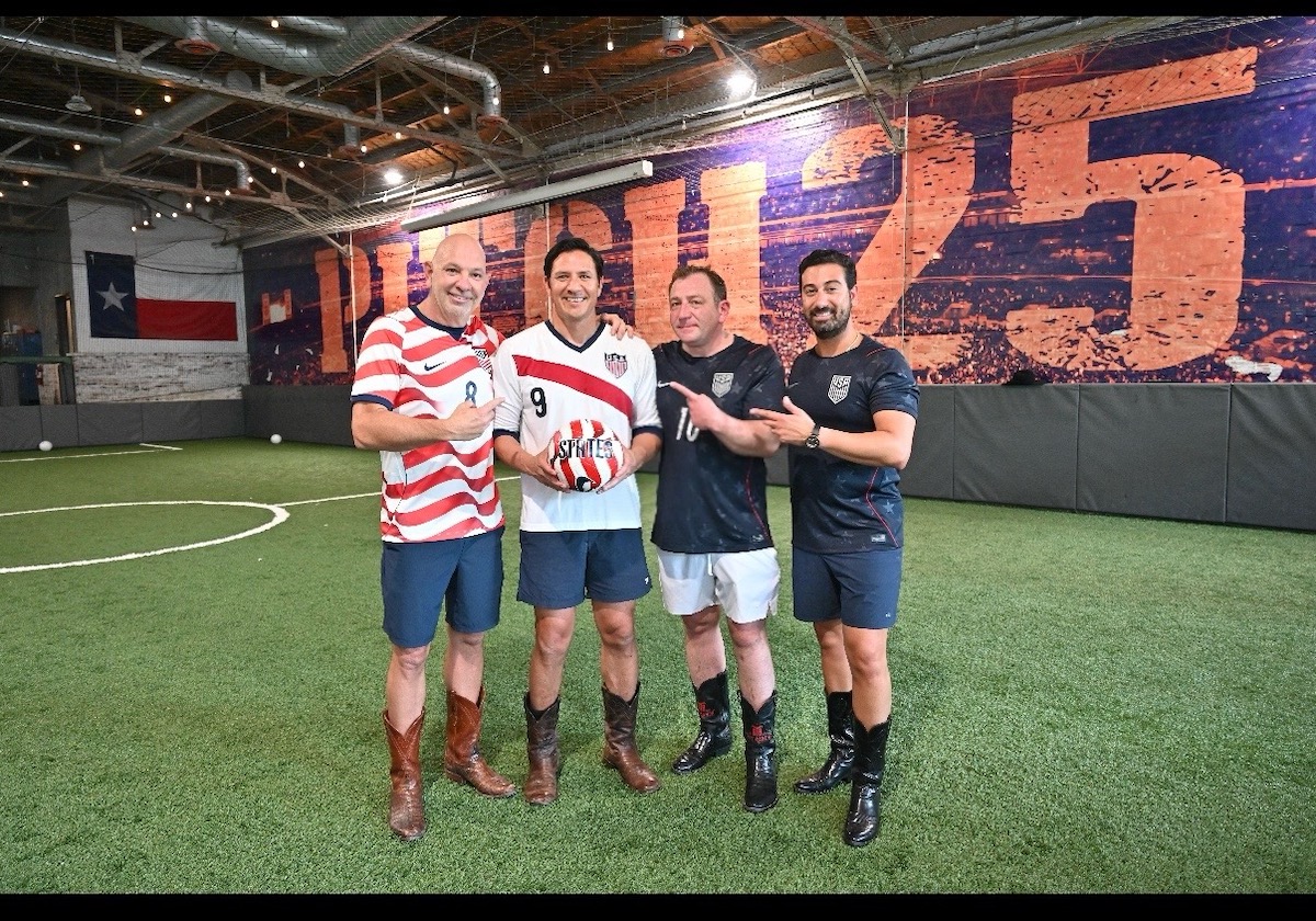 From left, Rick Perez, Brian Ching, Ben Berg, and Army Sadeghi pose inside Ching's EaDo bar, Pitch 25. | Photo by Alex Montoya