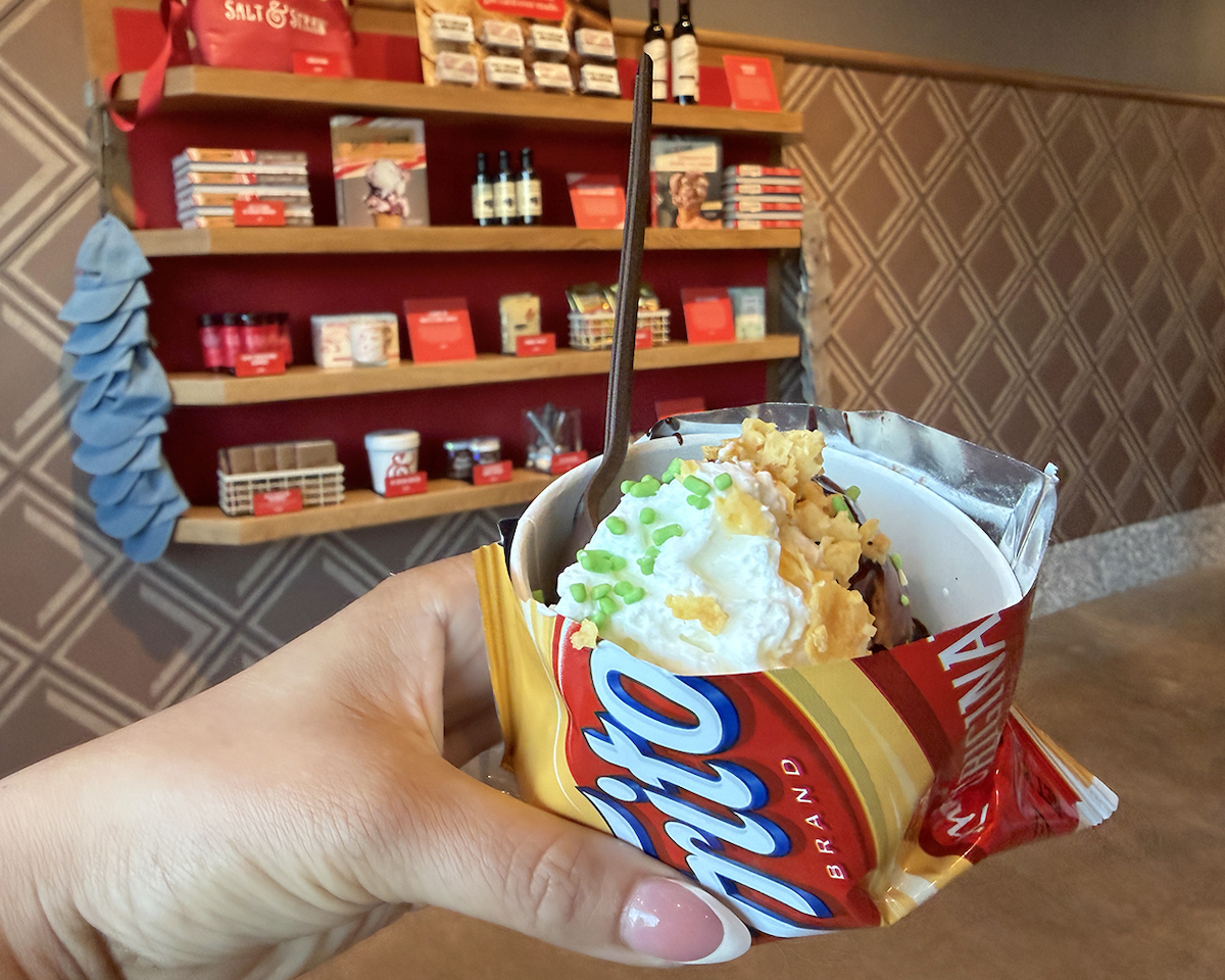 Salt & Straw celebrated its Texas debut with a limited-edition Fritos Pie Sundae featuring double-fold vanilla ice cream, candied Fritos crumble, chipotle fudge, and cheddar crisps. | Photo by Desiree Gutierrez