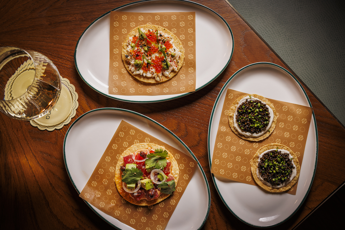A trio of tostadas at Maroma showcases the restaurant’s coastal Mexican influences, from smoked trout roe and furikake to bright seafood preparations layered with citrus, chile and char. | Photo by Samantha Marie Photography