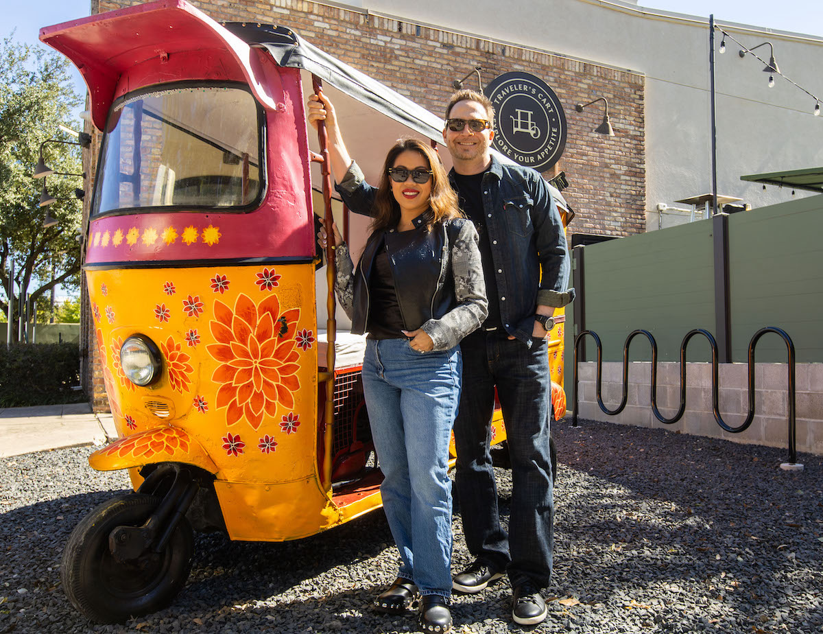 Thy and Matthew Mitchell pose outside Traveler's Cart. | Photo by Andrew Hemingway