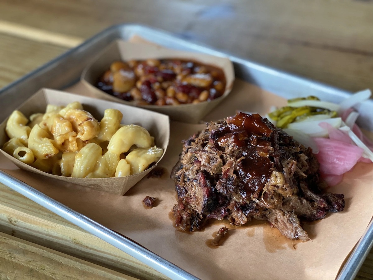 Brisket platewith macaroni and cheese and beans at Wood's Chapel BBQ. | Photo by Wood's Chapel BBQ