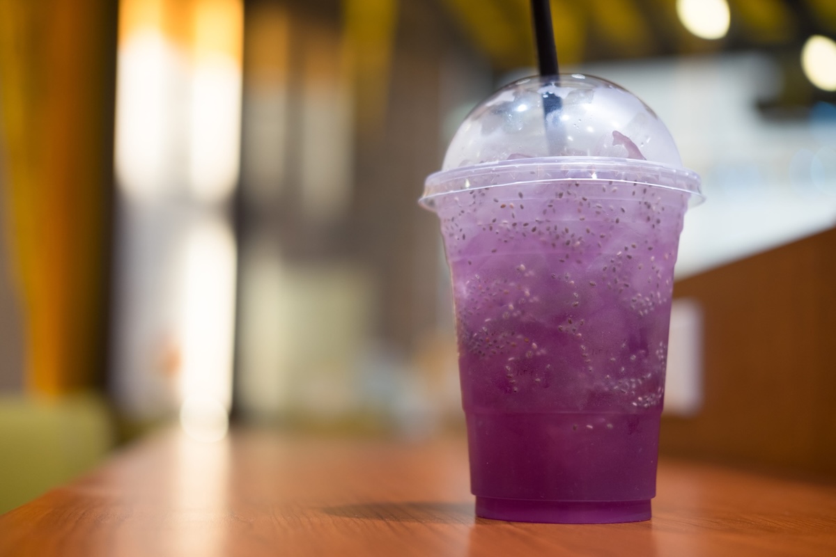 Glass of butterfly pea flower juice with chia seed dirty soda phoenix arizona