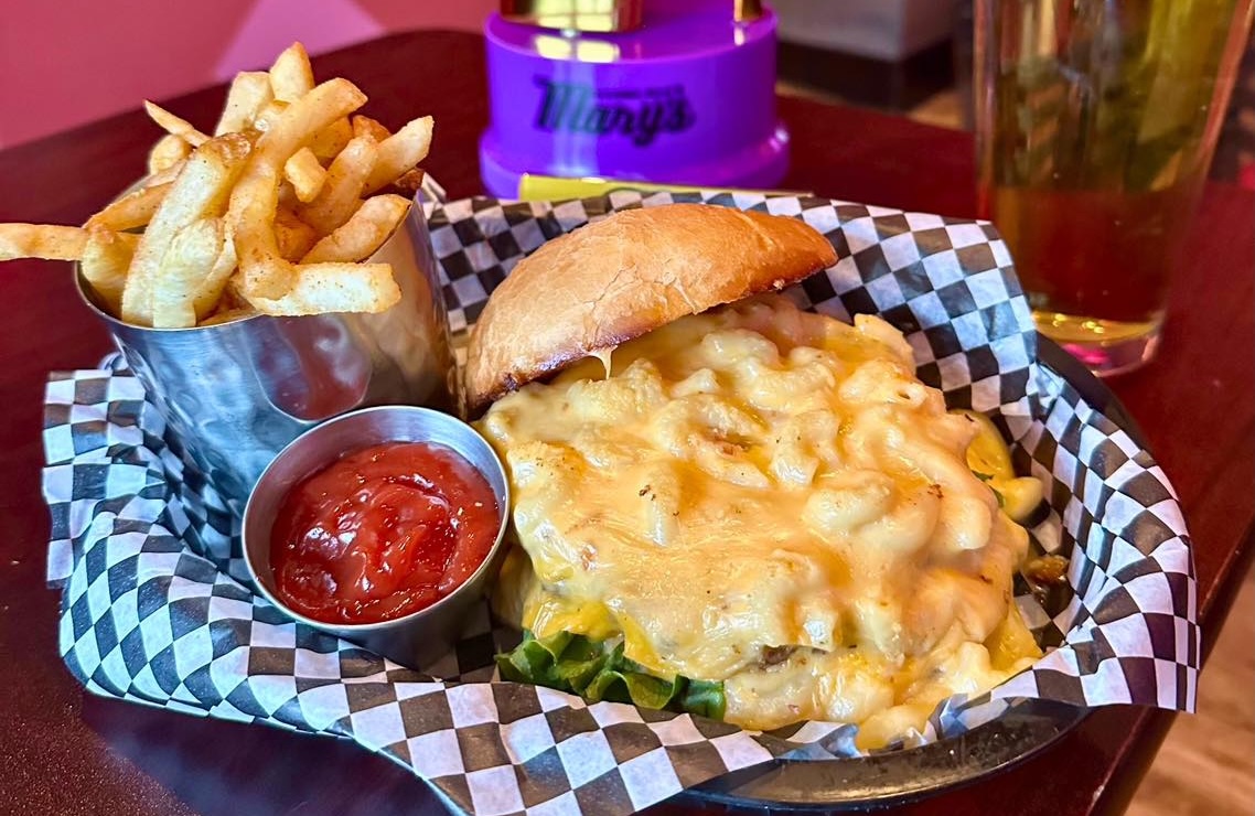 Den_Hamburger Marys Denver_mac burger_hor - DiningOut Grab a great burger and watch the parade. | Photo courtesy of Hamburger Mary's Denver