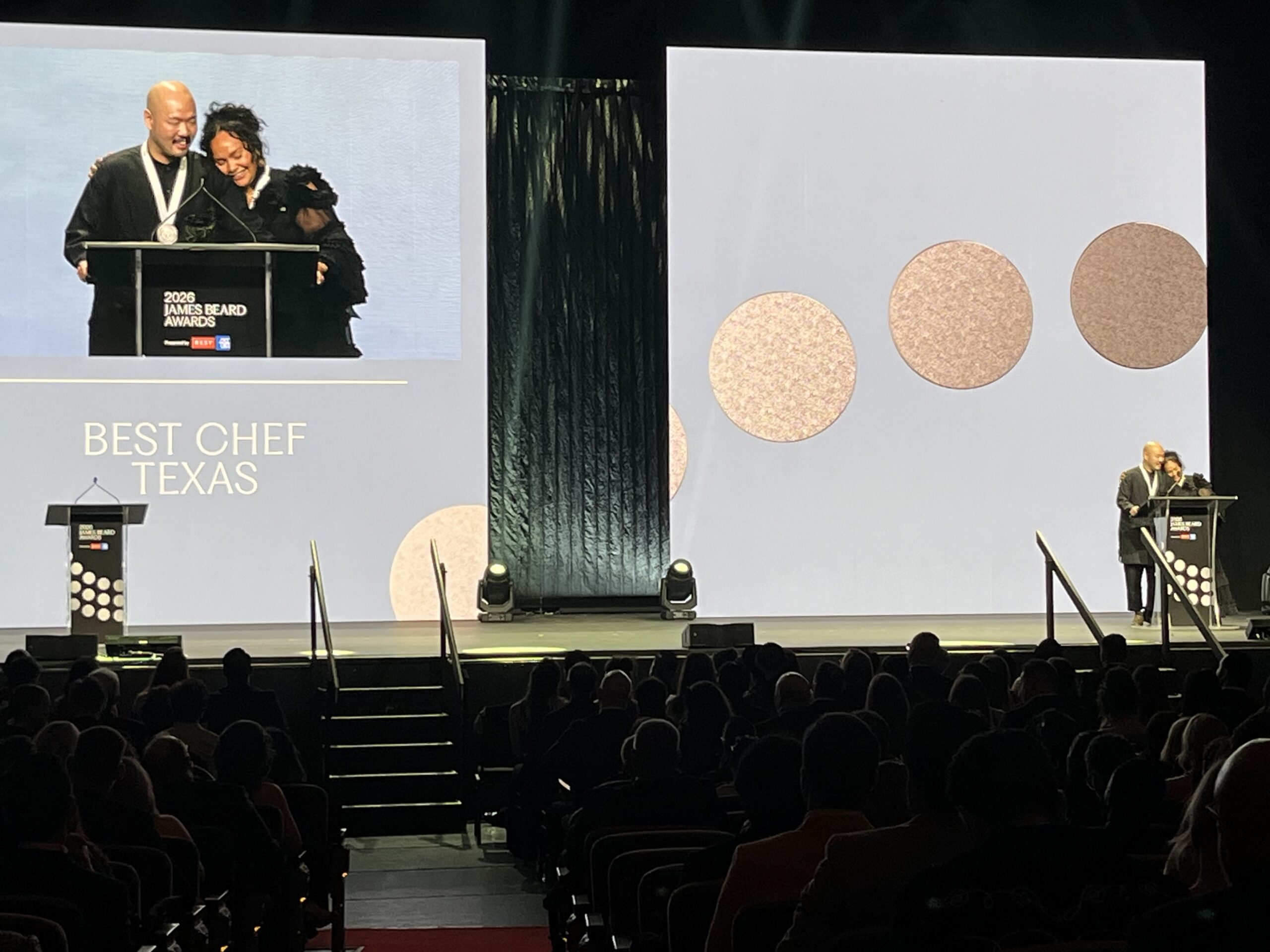 Chefs Evelyn Garcia and Henry Lu win Best Chef: Texas at the 2026 James Beard Foundation Awards. | Photo by Paula Murphy