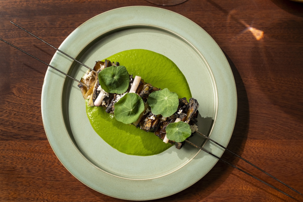 The Maitake Skewer at the newly-opened Oriana in NYC. | Photo by Evan Sung