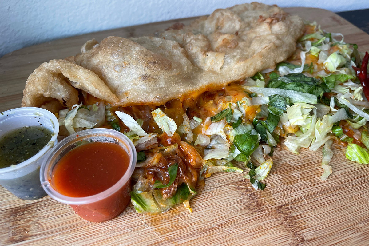 The Combo Fry Bread Taco includes beef, refried beans, cheese, and lettuce. | Photo by Rebecca L. Rhoades