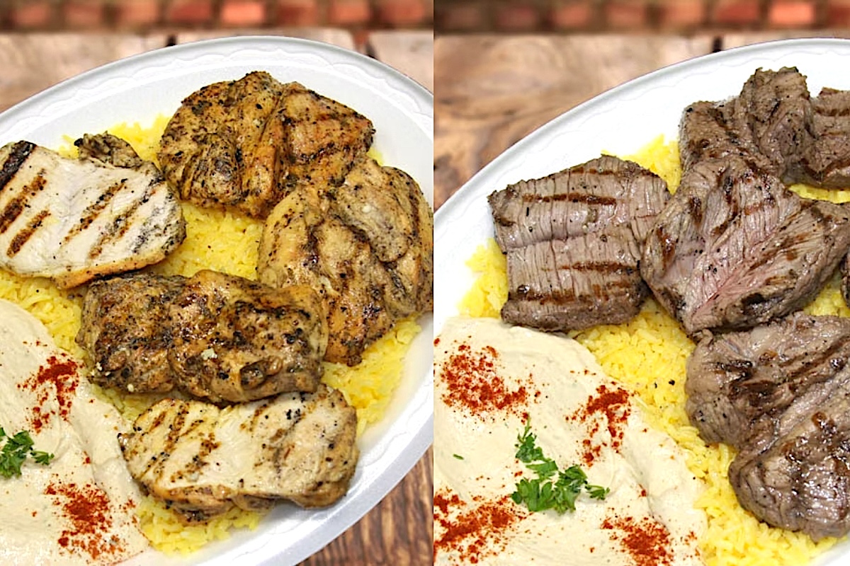 Chicken and steak kebabs served with rice and hummus. | Photo courtesy of Greek Wraps 