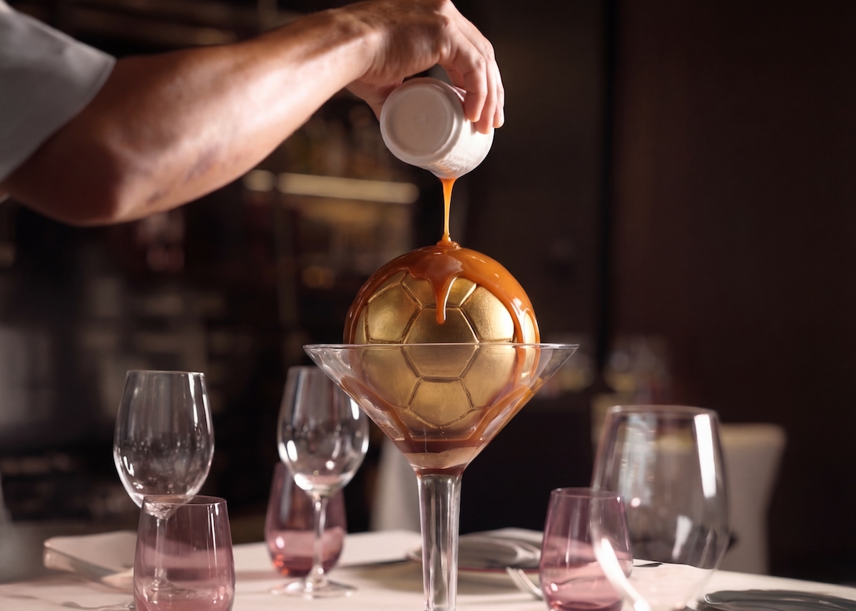 World Cup inspired golden chocolate sphere at Zanti Cucina Italiana. | Photo by Zanti Cucina Italiana