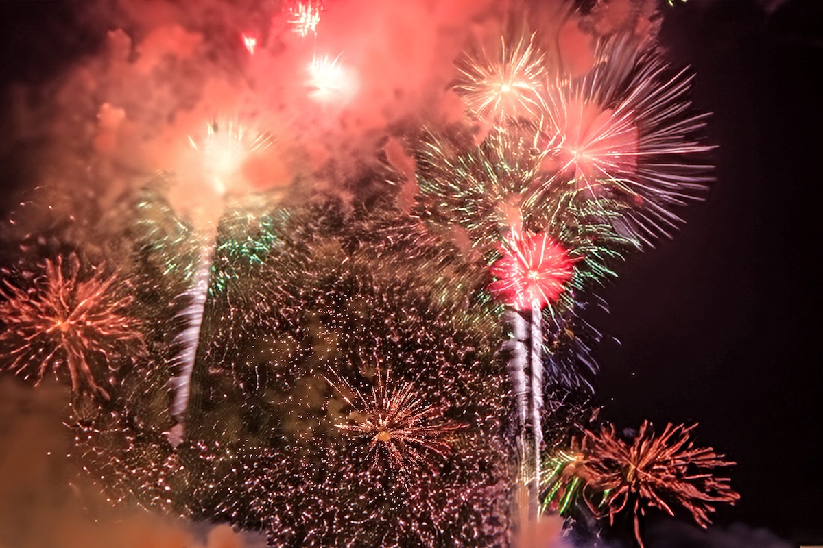fourth of july 4th of july denver Bright fireworks bursting in a dark night sky with red, green, and gold streaks brought by smoke and sparks fleetly.