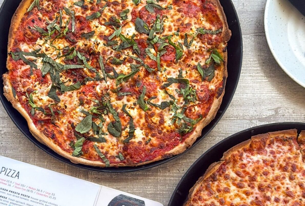 Spinato’s pizzas are available on a signature thin crust, a Sicilian crust, or as a calzone. | Photo courtesy of Spinato’s Pizzeria